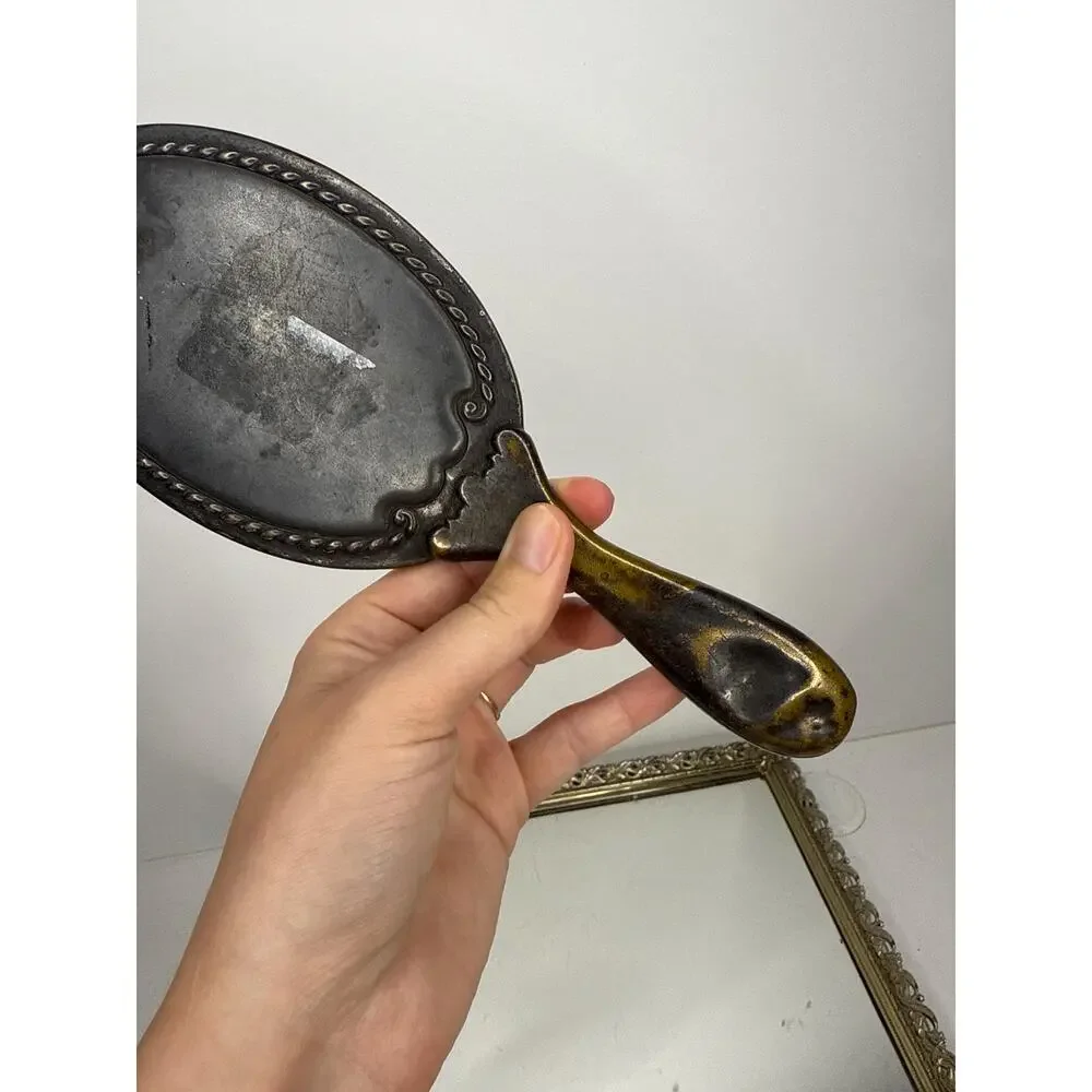 Antique Art Nouveau Hand Mirror Gold Tone
